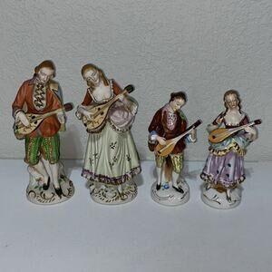VTG Occupied Japan Colonial Couples Set 4 Figurines Playing Mandolin Handpainted